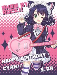  ;d animal_ears bad_id bad_pixiv_id bell blue_hair bow bowtie cat_ears cat_girl character_name copyright_name curly_hair cyan_(show_by_rock!!) d_omm dated female green_eyes guitar happy_birthday headdress heart heart_guitar instrument looking_at_viewer one_eye_closed open_mouth short_hair show_by_rock!! smile solo strawberry_heart_(show_by_rock!!) striped_clothes striped_thighhighs thighhighs 