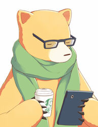  amayadori_machi animal bear bespectacled black-framed_eyewear character_print closed_eyes coffee commentary_request cup disposable_coffee_cup disposable_cup glasses green_scarf holding holding_cup kumai_natsu kumamiko no_humans print_cup scarf sebastian_(artist) simple_background solo starbucks upper_body white_background 