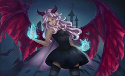  absurdres arms_up bare_arms black_dress black_legwear blue_background blue_fire breasts cape castle commentary contrapposto darkness demon_girl demon_horns demon_wings detached_collar dress english_commentary female fire flaming_hand gradient_background highres horns large_wings leaning_back light_purple_hair long_hair looking_at_viewer maya-nyan original parted_lips purple_eyes red_lips small_breasts strapless strapless_dress suspension_bridge tan thighhighs tower wings zettai_ryouiki 