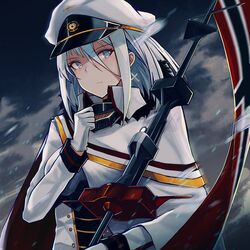  azur_lane bad_id bad_twitter_id blue_eyes breasts closed_mouth commentary cross cross_earrings earrings english_commentary female gloves grey_hair hair_between_eyes hat highres imperial_war_flag jewelry long_hair military military_hat military_uniform peaked_cap septoleaf solo tirpitz_(azur_lane) uniform 