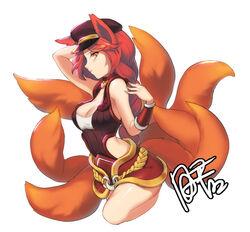  ahri_(league_of_legends) alternate_color alternate_costume alternate_hair_color animal_ears arm_behind_head arm_up armor bare_shoulders braid breasts cleavage clothing_cutout collar commentary_request dakun expressionless faulds female fox_ears fox_tail foxfire_ahri from_side hat heart large_breasts league_of_legends leg_up long_hair looking_at_viewer multiple_tails orange_eyes peaked_cap photoshop_(medium) profile red_hair rope side_cutout signature simple_background single_braid slit_pupils solo tail taut_clothes vambraces very_long_hair white_background 