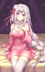  althea_(sakiya0000) bed_sheet blunt_bangs blush braid braided_ponytail commentary_request dress emilia_(re:zero) female flower garter_straps gem hair_flower hair_ornament hair_ribbon hand_on_own_chest head_tilt highres long_hair long_sleeves looking_at_viewer md5_mismatch on_bed photoshop_(medium) pink_dress purple_eyes re:zero_kara_hajimeru_isekai_seikatsu red_ribbon ribbon single_braid sitting smile solo thighhighs very_long_hair white_hair white_thighhighs wide_sleeves x_hair_ornament 