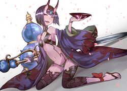  breasts cup fate/grand_order fate_(series) female holding holding_cup horns japanese_clothes kimono looking_at_viewer navel oni open_mouth petals purple_eyes purple_hair sakazuki sandals sanshouuo short_hair shuten_douji_(fate) sitting skin-covered_horns small_breasts smile solo sword wariza weapon 