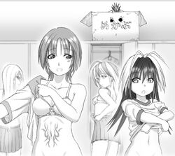  3girls ahoge antenna_hair bow bow_bra box bra cardboard_box commentary_request facial_mark greyscale harahachibu_ajinosuke long_hair mohawk monochrome multicolored_hair multiple_girls open_mouth original peeping school_uniform short_hair skirt tattoo two-tone_hair underwear undressing 