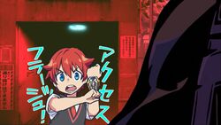  1boy acceptor blue_eyes collared_shirt commentary_request company_connection crossed_arms crossover gridman_universe hand_up hibiki_yuuta highres inferno_cop inferno_cop_(character) looking_at_viewer male_focus necktie parody red_hair red_necktie school_uniform shirt short_sleeves solo ssss.gridman translated trigger_(company) trigger_support uchuu_patrol_luluco waistcoat white_shirt wing_collar 