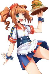  blue_eyes brown_hair burger burger_skater_(idolmaster) commentary_request employee_uniform fast_food_uniform female food idolmaster idolmaster_(classic) long_hair open_mouth skirt smile solo takatsuki_yayoi temurei_(vovovov) twintails uniform wrist_cuffs 