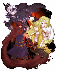  2boys arisen_(dragon&#039;s_dogma) armor bad_deviantart_id bad_id belt bikini_armor blonde_hair blue_eyes bracer breasts cape circlet dagger dragon&#039;s_dogma dragon&#039;s_dogma_(series) female fingerless_gloves fur_cape gloves highres huge_weapon inuhiko_(istdog) knife kunai long_hair medium_breasts multiple_belts multiple_boys muscular pale_skin pawn_(dragon&#039;s_dogma) red_hair red_scarf reverse_grip scar scarf short_hair sword weapon white_hair 