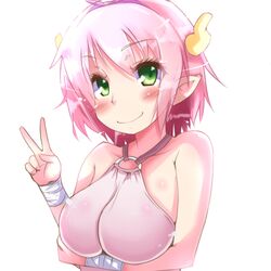  bare_shoulders blush body_blush breast_hold breasts cow_horns elfleda_mirjasdottir female green_eyes halterneck horns hua_(hua113) impossible_clothes impossible_shirt large_breasts looking_at_viewer lotte_no_omocha! o-ring o-ring_top pink_hair pointy_ears shirt short_hair simple_background smile solo v white_background wrist_wrap 