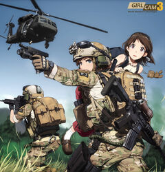  3girls action aircraft ammunition armor assault_rifle bag blonde_hair blue_eyes boots brown_eyes brown_hair camouflage carrying carrying_over_shoulder carrying_person casing_ejection commentary_request glasses glock gloves gun h&amp;k_hk416 handgun headband heckler_&amp;_koch helicopter helmet highres holding holding_gun holding_weapon load_bearing_vest looking_at_viewer m4_carbine magazine_(weapon) military military_operator military_uniform military_vehicle multiple_girls original photoshop_(medium) rifle shell_casing short_hair soldier stuffed_animal stuffed_toy tanto_(tc1995) teddy_bear uh-60_blackhawk uniform united_states_air_force watch weapon weapon_on_back woodland_camouflage wristwatch 