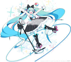  39_music_(vocaloid) alternate_costume aqua_eyes aqua_hair copyright_notice dress female gloves guitar hatsune_miku headset highres instrument len_(a-7) long_hair magical_mirai_(vocaloid) magical_mirai_miku magical_mirai_miku_(2016) microphone official_art open_mouth phonograph smile solo twintails very_long_hair vocaloid white_background white_gloves 