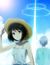  1boy blue_hair brown_eyes brown_hair cloud commentary_request day dress female hat natsuzora_no_monologue ogawa_aoi photoshop_(medium) rito453 short_hair sky sun_hat watamori_kaede 