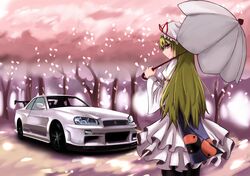  blonde_hair car commentary_request dress female frilled_dress frills hat hat_ribbon hibiki400cc long_hair motor_vehicle nissan nissan_skyline nissan_skyline_gt-r nissan_skyline_r34 petals purple_eyes ribbon solo sports_car touhou umbrella vehicle_focus wide_sleeves yakumo_yukari yin_yang 