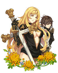  1boy black_gloves blonde_hair braid braided_bangs breasts brown_eyes brown_hair chinese_commentary choker chrysanthemum cleavage commentary_request covered_nipples cowboy_shot cropped_legs cross dito_(drag-on_dragoon) drag-on_dragoon drag-on_dragoon_3 elbow_gloves facial_mark facial_tattoo female five_(drag-on_dragoon) flower forehead_mark french_braid gloves hair_between_eyes holding kllsiren large_breasts light_smile long_hair looking_at_viewer mole mole_under_eye parted_bangs parted_lips photoshop_(medium) roman_numeral simple_background single_braid smile standing tattoo thighs turtleneck weapon white_background yellow_eyes yellow_flower 