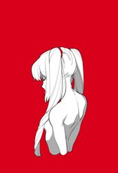  breasts capelet closed_eyes commentary_request cropped_arms drill_hair fate/grand_order fate_(series) female greyscale_with_colored_background long_hair marie_antoinette_(fate) mitsuya_bonjin monochrome red_background red_scrunchie scrunchie sideboob solo twin_drills twintails 