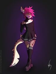  2017 anthro april_(wolfirry) avoid_posting brown_body brown_scales clothed clothing collar digital_media_(artwork) dress ear_piercing female fin fin_piercing fish furgonomics furry-specific_piercing hair hi_res marine piercing purple_background purple_hair scales shark simple_background solo standing tail tail_piercing tattoo wolfirry yellow_eyes 