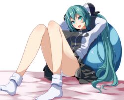  alternate_costume arm_behind_head arm_pillow ball bed_sheet black_skirt bow breasts bun_cover commentary conflict_(module) double_bun female green_eyes green_hair hair_bun hatsune_miku head_tilt jacket knees_up leaning_back leaning_on_ball leaning_on_object legs light_particles long_hair long_sleeves looking_at_viewer miniskirt no_shoes open_mouth panties pantyshot pleated_skirt project_diva_(series) sitting skirt smile socks solo tsukishiro_saika twintails underwear ura-omote_lovers_(vocaloid) very_long_hair vocaloid white_background white_panties white_socks 