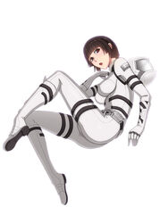  belt black_hair bob_cut bodysuit brown_eyes commentary female hayate_(leaf98k) helmet hoshijiro_shizuka impossible_bodysuit impossible_clothes open_mouth photoshop_(medium) pilot_suit short_hair sidonia_no_kishi simple_background solo spacesuit unworn_headwear unworn_helmet white_background 