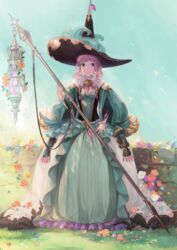  2015 72_(nananatsu) aqua_eyes banned_artist blue_sky breasts circlet cleavage dated day dress flower granblue_fantasy grass green_dress hat lennah long_sleeves medium_breasts purple_hair rose short_hair signature sky solo staff standing wizard_hat 