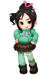  black_hair disney female feral_lemma full_body lolicon looking_at_viewer open_mouth shiny_hair shiny_skin short_hair simple_background solo tongue vanellope_von_schweetz white_background wreck-it_ralph 