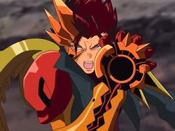  1boy animated animated clenched_hand energy jacket kazuma_(scryed) male_focus red_hair scryed smile solo 