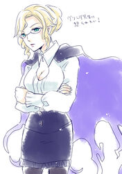  blonde_hair breasts cleavage crossed_arms glynda_goodwitch large_breasts pixiv_manga_sample rwby translation_request white_background 