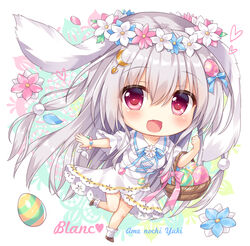  :d ameto_yuki animal_ears artist_name basket blanc_(ameto_yuki) blue_flower blush bracelet brown_footwear chibi commentary_request crescent crescent_hair_ornament dress easter_egg egg egg_hair_ornament female flower flower_wreath food-themed_hair_ornament full_body grey_hair hair_between_eyes hair_ornament head_wreath heart jewelry long_hair looking_at_viewer open_mouth original petals pink_flower puffy_short_sleeves puffy_sleeves rabbit_ears red_eyes short_sleeves smile socks solo standing standing_on_one_leg very_long_hair white_dress white_flower white_socks 