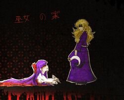  blonde_hair blood bow commentary_request crescent crossover dress full_body hair_ornament hairbow hakurei_reimu hakurei_reimu_(pc-98) hat hat_ribbon kirisame_marisa kirisame_marisa_(pc-98) long_hair long_sleeves majo_no_ie moon_(ornament) multiple_girls purple_dress purple_hair ribbon severed_torso smanki smile touhou touhou_(pc-98) translated witch_hat 