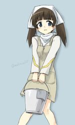  :d artist_name blue_eyes blush brown_hair bucket cravat female georgette_lemare head_scarf holding long_hair long_sleeves looking_at_viewer makaze_(t-junction) open_mouth short_hair smile solo standing strike_witches twintails 