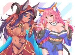  2girls absurdres animal_ear_fluff animal_ears aqua_eyes bare_shoulders blue_kimono blue_ribbon blue_thighhighs breasts bridal_gauntlets circlet cleavage collarbone dark-skinned_female dark_skin detached_sleeves ears_through_headwear egyptian_clothes eyeliner fate/extella fate/extra fate/extra_ccc fate/grand_order fate_(series) forehead_jewel fox_ears fox_girl fox_shadow_puppet fox_tail gem groin hair_ribbon head_chain heart heart_hands heart_hands_duo highres jackal_ears japanese_clothes jewelry jifuwabe kimono large_breasts long_hair looking_at_viewer makeup multiple_girls open_mouth pink_hair purple_hair queen_of_sheba_(fate) ribbon tail tamamo_(fate) tamamo_no_mae_(fate/extra) thighhighs thighs yellow_eyes 