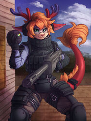  3:4 accessory anthro antlers armor bag biped blue_byte_(game_developer) body_armor clothing cosplay day dragon explosives eyewear female fur furgonomics furred_dragon furred_scalie general-irrelevant glasses green_eyes grenade gun hair hi_res holding_gun holding_object holding_ranged_weapon holding_weapon horn jade_(airheart) looking_at_viewer male military_uniform mythological_creature mythological_scalie mythology outside rainbow_six rainbow_six:_siege ranged_weapon reptile scalie shotgun six-12 smile solo special_duties_unit special_forces tail tail_accessory tail_bag tom_clancy&#039;s_(series) ubisoft uniform weapon ying_(rainbow_six) 