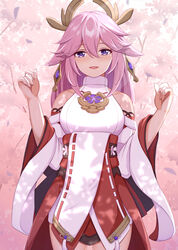  bare_shoulders blush cherry_blossoms commentary earrings female genshin_impact hair_ornament half-closed_eyes highres japanese_clothes jewelry looking_at_viewer lunarscent pink_hair purple_eyes smile solo wide_sleeves yae_miko 