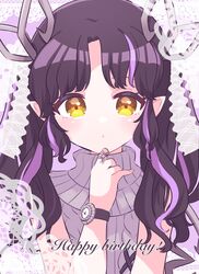  black_hair blush bow commentary_request female grey_sweater hairbow happy_birthday highres jewelry kino_haruc kojo_anna kojo_anna_(3rd_costume) long_hair looking_at_viewer multicolored_hair nanashi_inc. official_alternate_costume parted_bangs pointy_ears purple_hair ring sleeveless sleeveless_sweater solo sugar_lyric sweater turtleneck turtleneck_sweater two-tone_hair two_side_up upper_body virtual_youtuber watch white_bow wristwatch yellow_eyes 