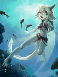  3:4 anthro aquatic_dragon blue_body blue_skin breasts brown_eyes dragon female fin fish hair kemono knife marine midriff mythological_creature mythological_scalie mythology navel non-mammal_breasts open_mouth scalie shizumi_tsubasa solo tail under_boob underwater water white_hair 