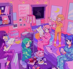  5girls aizawa_mint bed bedroom blonde_hair blue_hair closed_eyes commentary desk english_commentary fong_pudding food fruit fujiwara_zakuro glasses green_hair heart indoors lamp long_sleeves meowwniz midorikawa_lettuce momomiya_ichigo multiple_girls pajamas phone pillow pink_hair print_pajamas purple_hair purple_legwear short_sleeves sleepover socks strawberry table tokyo_mew_mew yellow_legwear 