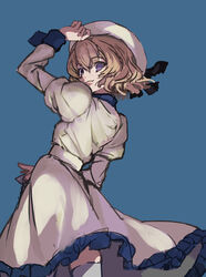  blue_background brown_hair cupe. dress female floating_clothes from_behind hair_between_eyes hand_on_headwear hat iwanaga_kotoko juliet_sleeves kyokou_suiri long_sleeves looking_back puffy_sleeves purple_eyes short_hair solo white_dress white_hat 