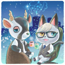  1:1 animal_crossing antelope anthro beverage bovid clothing container cup domestic_cat duo eyewear felid feline felis gazelle glasses heterochromia hi_res horn jewelry looking_at_viewer male mammal necklace necktie nintendo pawpads raymond_(animal_crossing) sitting squeeze_sio star steam topwear vest zell_(animal_crossing) 