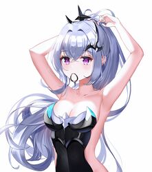  absurdres armpits arms_up breasts chanpower233 crown epic_seven female grey_hair hair_ornament highres leotard looking_at_viewer pale_skin ponytail purple_eyes revealing_clothes senya_(epic_seven) simple_background tying_hair white_background wing_hair_ornament 