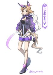  artist_name bad_id bad_pixiv_id blonde_hair boots breasts cleavage commentary_request eyelashes female full_body gloves hair_ornament highres jacket looking_at_viewer medium_breasts purple_footwear purple_jacket senki_zesshou_symphogear senki_zesshou_symphogear_xd_unlimited short_hair simple_background solo standing tachibana_hibiki_(symphogear)_(another) translation_request twitter_username white_background yellow_eyes yukitsuba_hina 