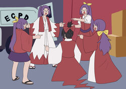  5girls alternate_color alternate_hair_color aroevela belt black_hair bow car dress geta hair_ribbon hairbow hakama hakama_skirt highly_responsive_to_prayers highres horns japanese_clothes kimono komakusa_sannyo konngara_(touhou) kotohime_(touhou) long_hair long_sleeves marvel meira_(touhou) meme motor_vehicle multiple_girls open_mouth parody phantasmagoria_of_dim.dream pointing pointing_at_another pointing_spider-man_(meme) police_car ponytail puffy_short_sleeves puffy_sleeves purple_hair purple_skirt red_kimono red_ribbon red_robe red_skirt red_vest ribbon robe samurai sandals shirt short_hair short_sleeves silent_sinner_in_blue single_horn skirt smile spider-man_(series) story_of_eastern_wonderland touhou touhou_(pc-98) touhou_bougetsushou unconnected_marketeers vest watatsuki_no_yorihime white_hakama white_kimono white_shirt wide_sleeves yellow_ribbon zouri 