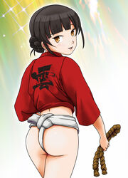  ass black_hair blunt_bangs braid brown_eyes commentary_request cowboy_shot double_bun female fundoshi fundoshi_day hachimaki hair_bun headband highres japanese_clothes kantai_collection long_hair looking_at_viewer looking_back rope solo standing totome twin_braids un&#039;you_(kancolle) yawata_maru_(kancolle) 