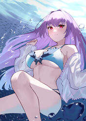  bare_shoulders bikini black_bikini breasts cleavage collarbone fate/grand_order fate_(series) female green_bikini hair_between_eyes highres large_breasts long_hair long_sleeves looking_at_viewer open_clothes open_shirt purple_hair red_eyes scathach_(fate) scathach_skadi_(fate) scathach_skadi_(swimsuit_ruler)_(fate) scathach_skadi_(swimsuit_ruler)_(final_ascension)_(fate) see-through smile solo swimsuit thighs two-tone_bikini underwater waka_(user_unuj5373) 