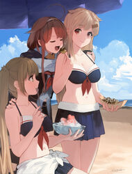  3girls ahoge beach beach_umbrella bikini bikini_skirt black_bikini black_skirt blonde_hair breasts chagen_kokimu cleavage closed_eyes cloud day food hair_flaps hair_ornament hairband hairclip holding holding_spoon kantai_collection kawakaze_(kancolle) kawakaze_kai_ni_(kancolle) large_breasts light_brown_hair long_hair multiple_girls murasame_(kancolle) ocean open_mouth outdoors pointy_ears red_eyes red_hair sailor_bikini sailor_collar sarong scarf shaved_ice signature skirt sky spoon swimsuit takoyaki twintails umbrella white_sarong white_scarf yuudachi_(kancolle) yuudachi_kai_ni_(kancolle) yuudachi_kai_ni_(swimsuit)_(kancolle) 