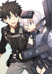  1boy armor armored_dress black_armor black_gloves black_hair black_shirt blue_eyes breasts commentary_request fate/grand_order fate_(series) female fingerless_gloves fujimaru_ritsuka_(male) fujimaru_ritsuka_(male)_(polar_chaldea_uniform) gloves grey_pants hair_over_one_eye highres holding holding_hands holding_shield holding_weapon interlocked_fingers looking_at_another lord_camelot_(fate) mash_kyrielight mash_kyrielight_(ortenaus) medium_breasts nikame one_eye_covered open_mouth pants pink_hair pointy_hair purple_eyes shield shirt short_hair signature smile uniform weapon 