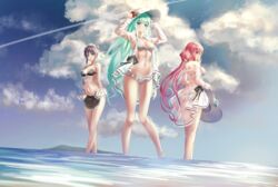  3girls absurdres aqua_hair armpits arms_up ass back bare_shoulders bikini black_bikini blue_eyes blue_sky blush breasts cleavage cloud collarbone commentary day frilled_bikini frills front-tie_bikini_top front-tie_top groin hair_between_eyes hair_bun hand_on_own_hip hands_on_headwear hat highleg highleg_bikini highres holding holding_clothes holding_hat horizon jacket large_breasts long_hair long_sleeves looking_at_viewer low-tied_long_hair maid maid_bikini maid_headdress medium_breasts midriff multiple_girls navel ocean off-shoulder_jacket off_shoulder open_clothes open_jacket original outdoors parted_lips pelvic_curtain pink_eyes pink_hair profile prothymos purple_eyes purple_hair see-through sidelocks single_hair_bun sky standing sun_hat swimsuit unconventional_maid unworn_hat unworn_headwear wading white_bikini white_headwear 