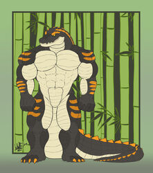  2020 abs absurd_res anthro black_body claws crocodile crocodilian crocodylid detailed_background gradient_background green_background hi_res long_tail looking_aside male markings muscular muscular_anthro muscular_male orange_claws reptile scalie signature simple_background solo standing styx_(wolfarion) tail thick_tail white_body wolfarion yellow_eyes 