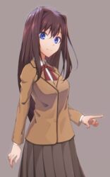  absurdres aozaki_aoko blazer blue_eyes breasts brown_hair brown_jacket brown_skirt female grey_background hair_intakes highres jacket long_hair looking_at_viewer mahou_tsukai_no_yoru medium_breasts pleated_skirt pointing pointing_to_the_side school_uniform shichiroku_(pixiv_25029782) shirt skirt smile solo type-moon white_shirt 