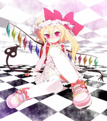  backpack bag blonde_hair blush casual checkered_background female flandre_scarlet hat highres hood hoodie laevatein_(touhou) miniskirt one_side_up panties photoshop_(medium) pink_skirt randoseru red_eyes shoes short_hair skirt smile sneakers solo thighhighs touhou underwear white_panties white_thighhighs wings yassy 