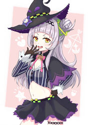  arched_bangs banana_de_ikopon black_capelet black_gloves black_skirt blush_stickers bow bowtie capelet covering_own_mouth cropped_shirt female gloves grey_hair hair_bun hair_ornament hairband hand_on_own_hip hand_over_own_mouth hexagram_hair_ornament highres hololive long_hair long_sleeves looking_at_viewer lowleg lowleg_skirt microskirt midriff murasaki_shion murasaki_shion_(1st_costume) navel ojou-sama_pose pink_bow pink_bowtie purple_capelet shirt short_eyebrows sidelocks single_side_bun skirt smile smug solo stomach striped_clothes striped_shirt thighlet v-shaped_eyebrows vertical-striped_clothes vertical-striped_shirt virtual_youtuber yellow_eyes 