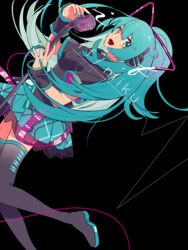  adapted_costume aqua_eyes aqua_hair aqua_nails aqua_skirt bad_id bad_pixiv_id belt black_background black_belt black_footwear black_wristband boots breasts cable character_name colorful commentary dutch_angle female fingernails floating_hair foot_out_of_frame foot_up hair_ribbon hands_up happy hatsune_miku hatsune_miku_(if) headphones high_ponytail knees_together_feet_apart leaning_back looking_at_viewer machigami_yoh medium_breasts microphone microphone_cord microphone_stand open_mouth plaid plaid_skirt pleated_skirt ponytail ribbon sidelocks sideways_glance simple_background skirt smile solo thigh_boots thighhighs two-sided_fabric vocaloid wristband zettai_ryouiki 