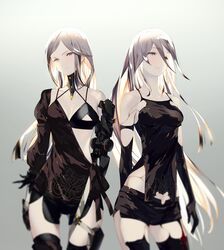  2girls a2_(nier:automata) absurdres android armlet backlighting black_gloves black_shorts bow closed_mouth collarbone commentary_request elbow_gloves feather-trimmed_sleeves frenlyse gloves gradient_background grey_eyes highres joints juliet_sleeves long_hair long_sleeves mechanical_arms mechanical_legs mole mole_under_mouth multiple_girls nier_(series) nier_reincarnation no_bangs prosthesis prosthetic_arm prosthetic_leg puffy_sleeves robot_joints shorts single_mechanical_arm single_mechanical_leg takagi_masafumi tank_top very_long_hair white_hair 